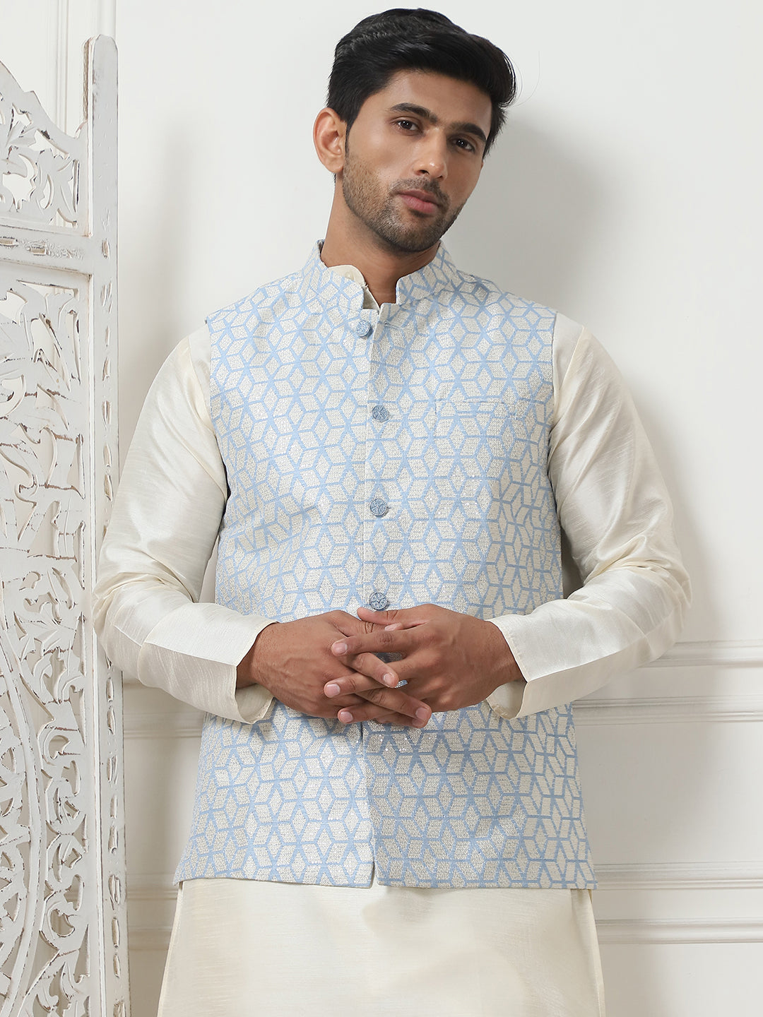 Woven Design Nehru Jacket. ( ANMWC 7014Sky ) [RT] [ E9 ]