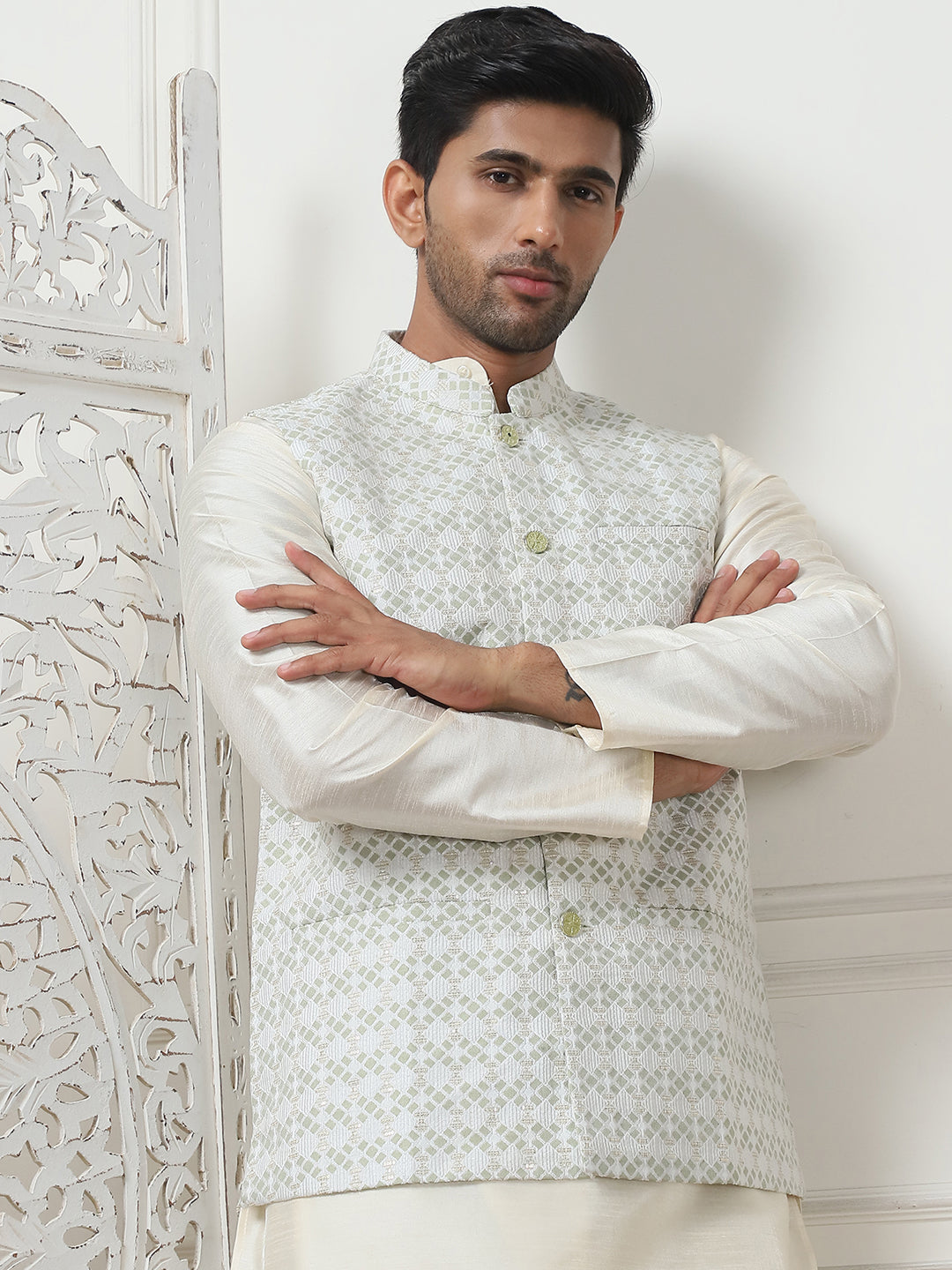 Woven Design Nehru Jacket. ( ANMWC 7015Pista ) [RT] [ E9 ]