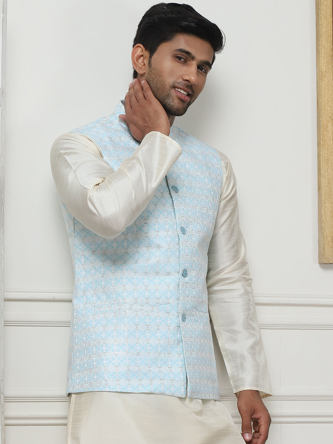 Woven Design Nehru Jacket. ( ANMWC 7015Sky ) [RT] [ E9 ]