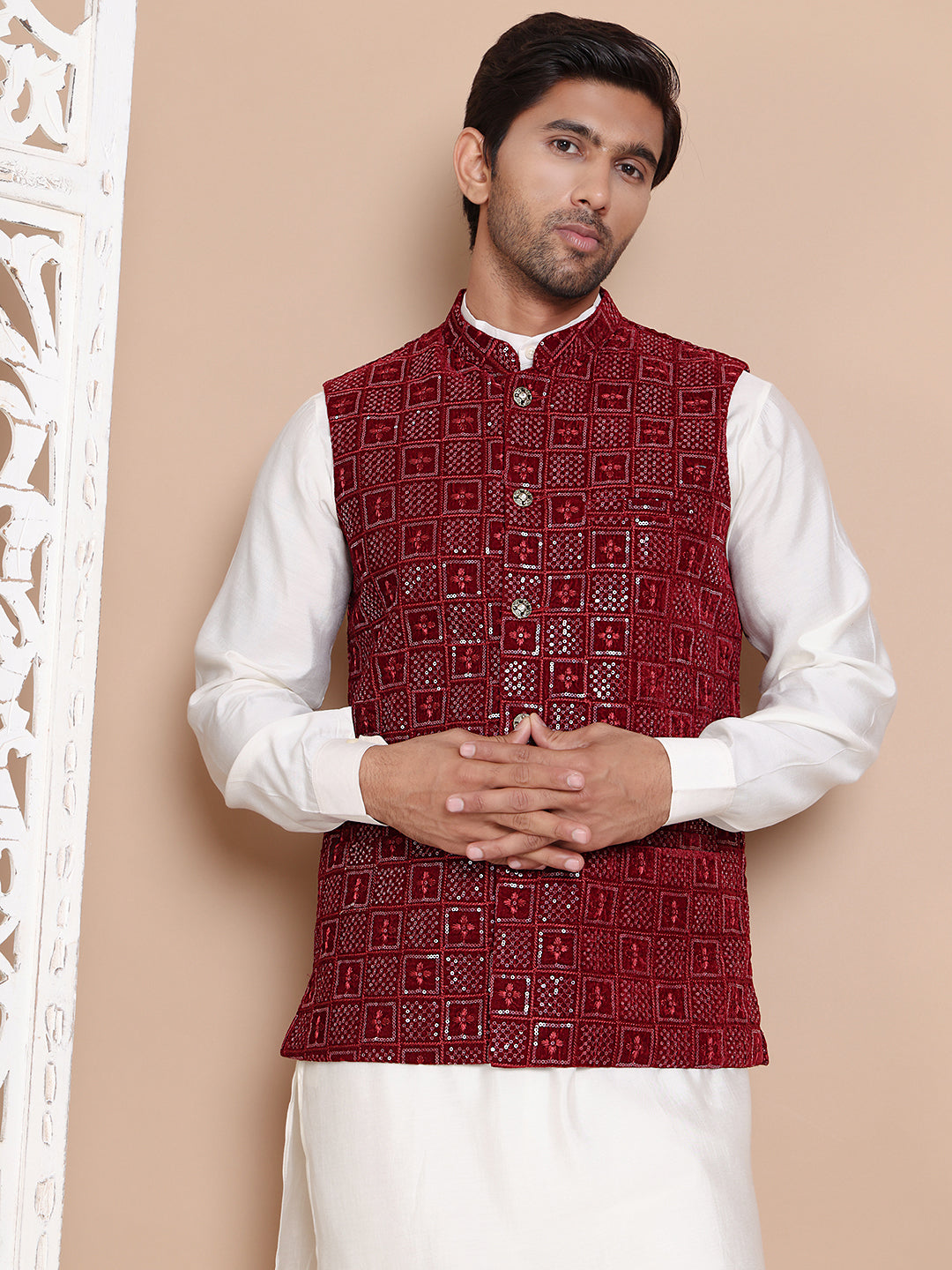 Men's Sequins Velvet Nehru Jacket ( ANMWC 7017Maroon ) [RT] [ F7 ]