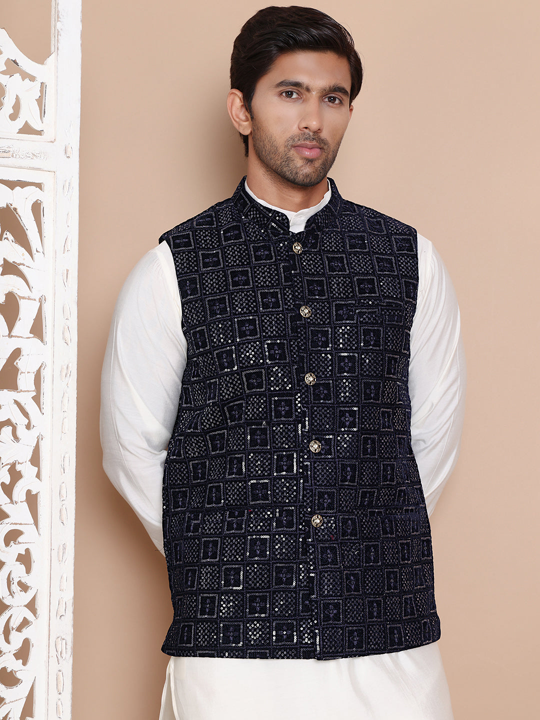 Men's Sequins Velvet Nehru Jacket ( ANMWC 7017Navy ) [RT] [ F7 ]
