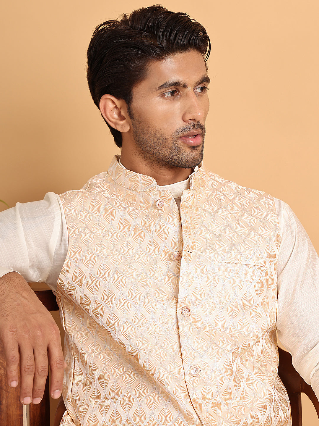 Woven Design Nehru Jacket For Men ( ANMWC 7018Peach ) [RT] [ E6 ]