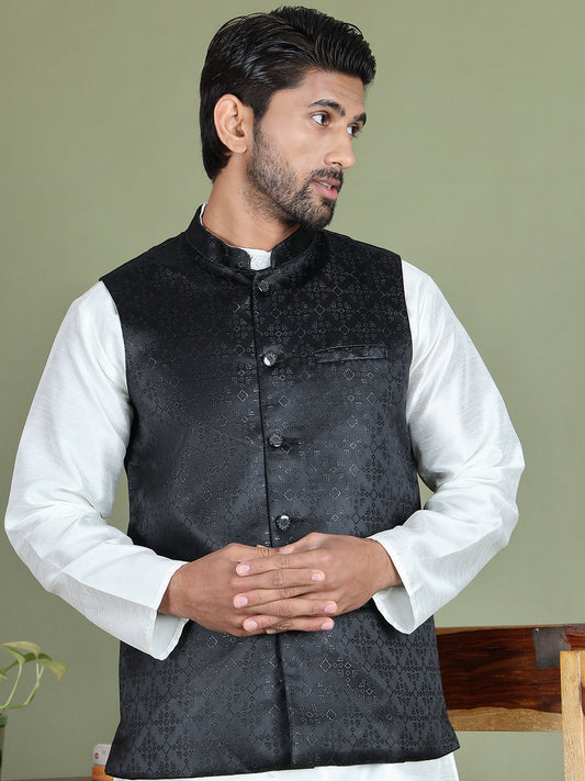 Men's Woven Design Nehru Jacket ( ANMWC 7019Black ) [RT] [ E2 ]