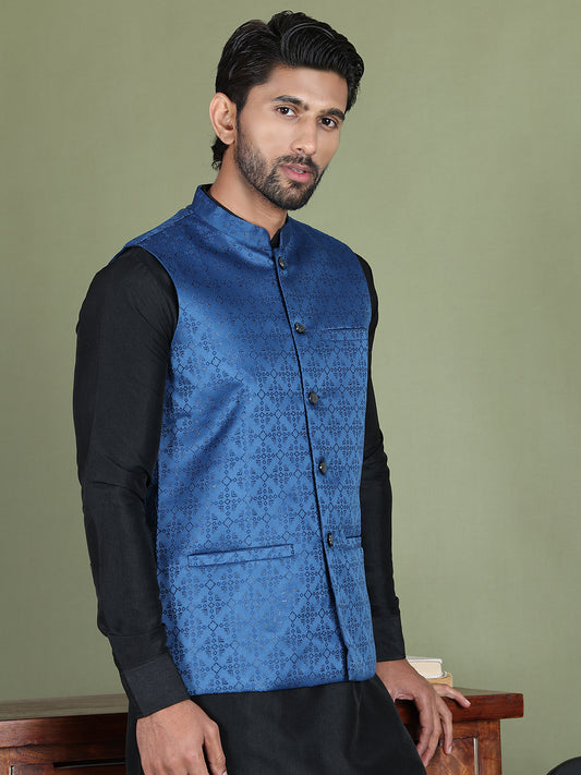 Men's Woven Design Nehru Jacket ( ANMWC 7019Blue ) [RT] [ E2 ]