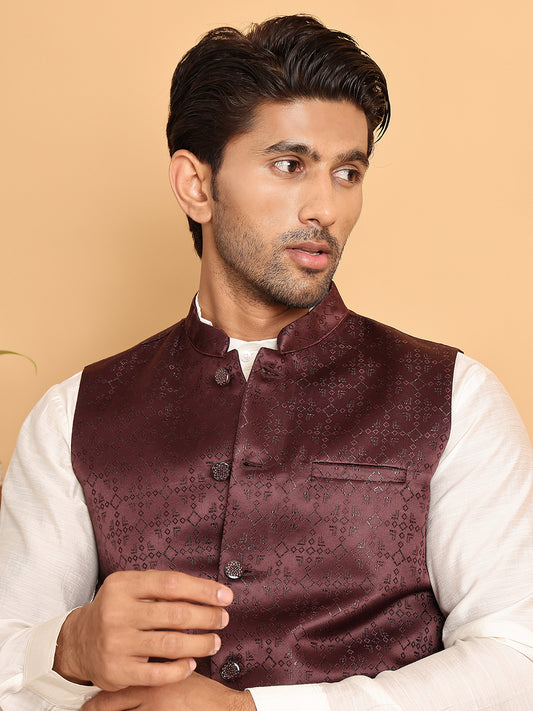 Men's Woven Design Nehru Jacket ( ANMWC 7019Maroon ) [RT] [ E2 ]