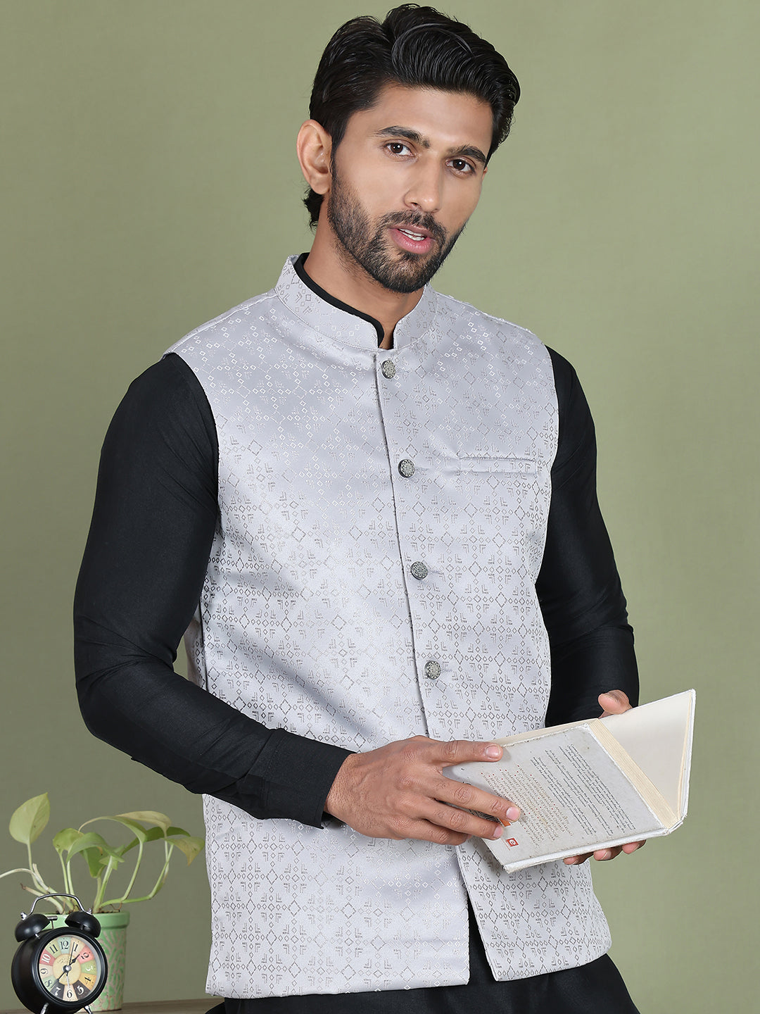 Men's Woven Design Nehru Jacket ( ANMWC 7019Silver ) [RT] [ E2 ]