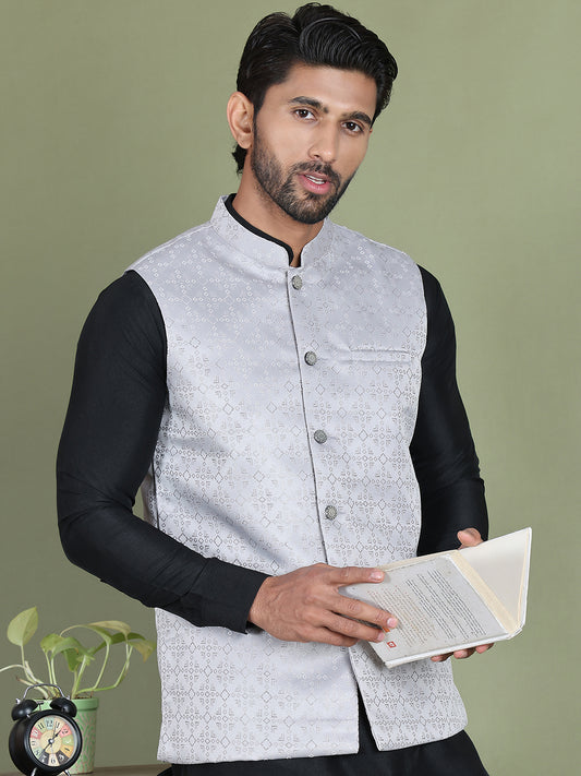 Men's Woven Design Nehru Jacket ( ANMWC 7019Silver ) [RT] [ E2 ]