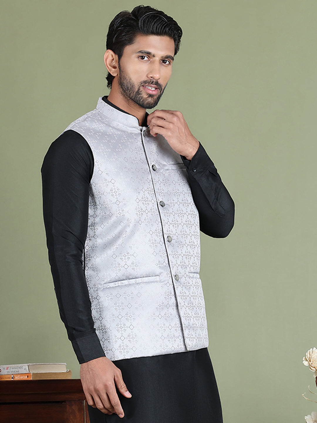 Men's Woven Design Nehru Jacket ( ANMWC 7019Silver ) [RT] [ E2 ]