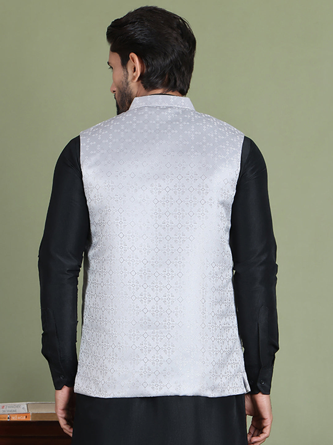 Men's Woven Design Nehru Jacket ( ANMWC 7019Silver ) [RT] [ E2 ]