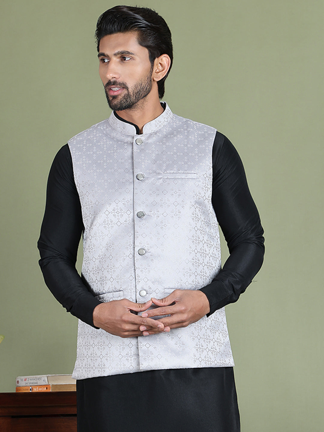 Men's Woven Design Nehru Jacket ( ANMWC 7019Silver ) [RT] [ E2 ]