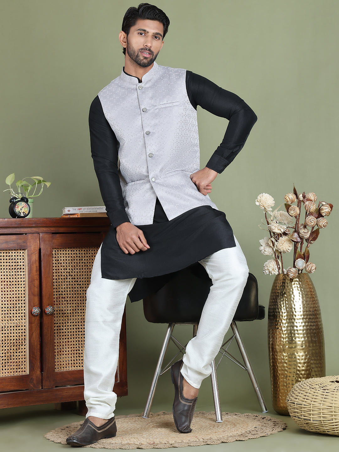 Men's Woven Design Nehru Jacket ( ANMWC 7019Silver ) [RT] [ E2 ]