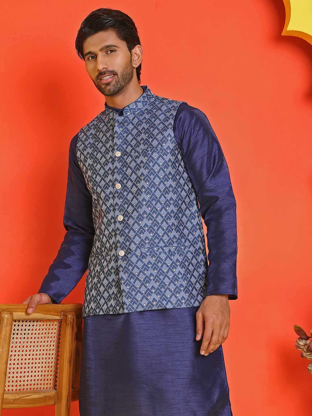 Men's Printed Nehru Jacket ( ANMWC 7020Blue ) [RT] [ E7 ]