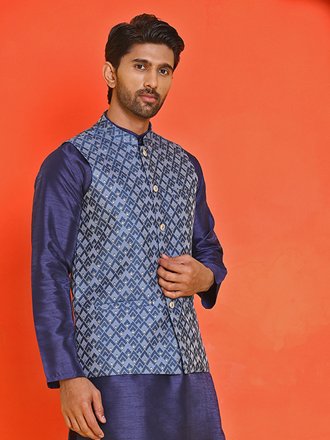 Men's Printed Nehru Jacket ( ANMWC 7020Blue ) [RT] [ E7 ]