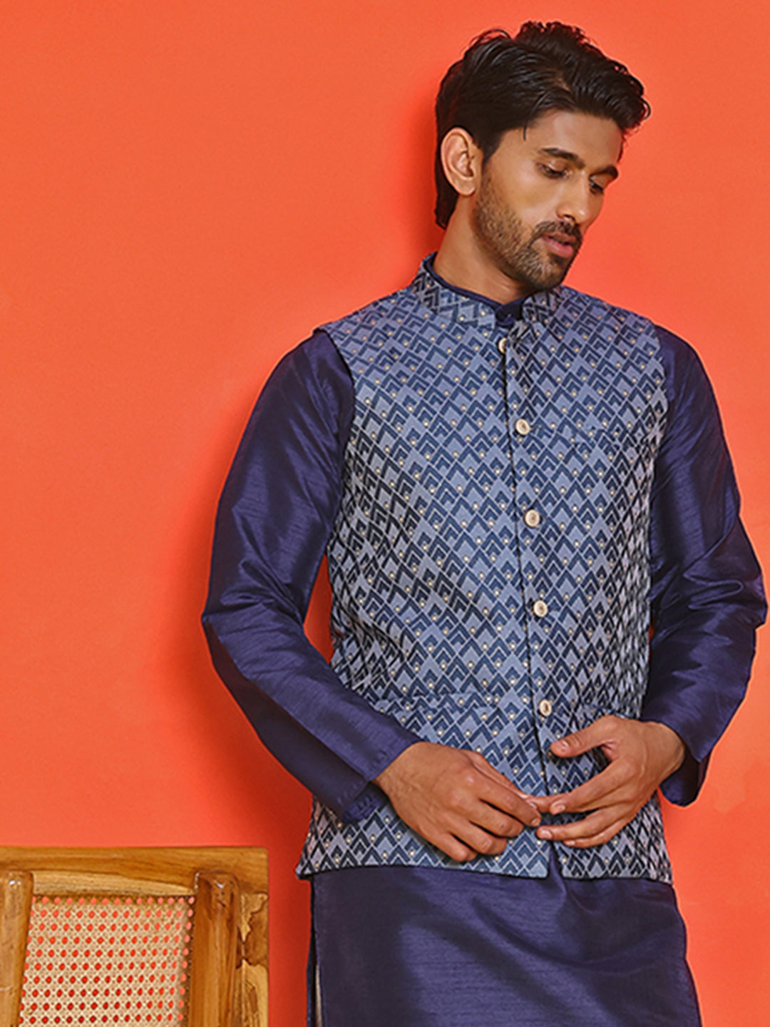 Men's Printed Nehru Jacket ( ANMWC 7020Blue ) [RT] [ E7 ]