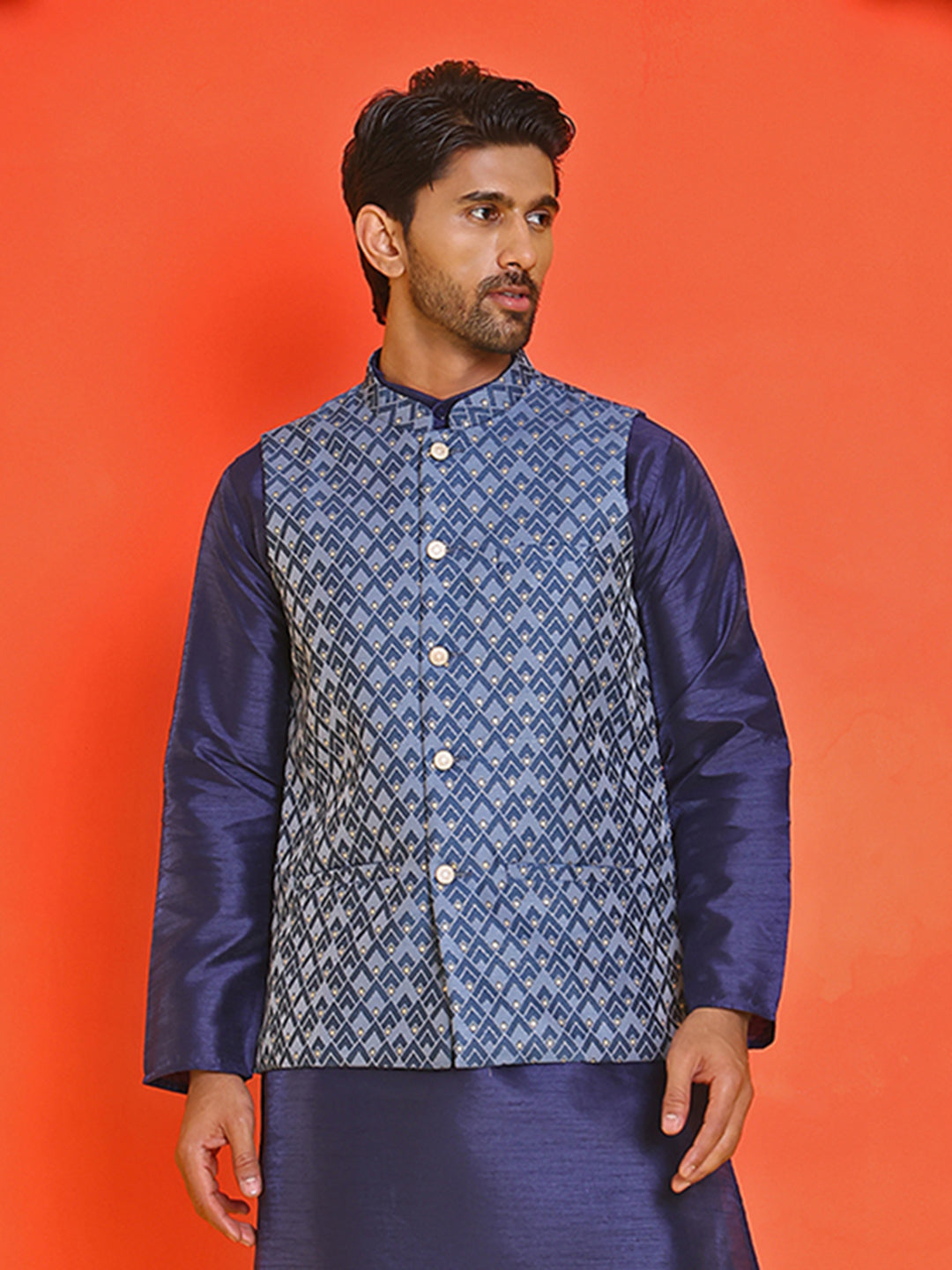 Men's Printed Nehru Jacket ( ANMWC 7020Blue ) [RT] [ E7 ]
