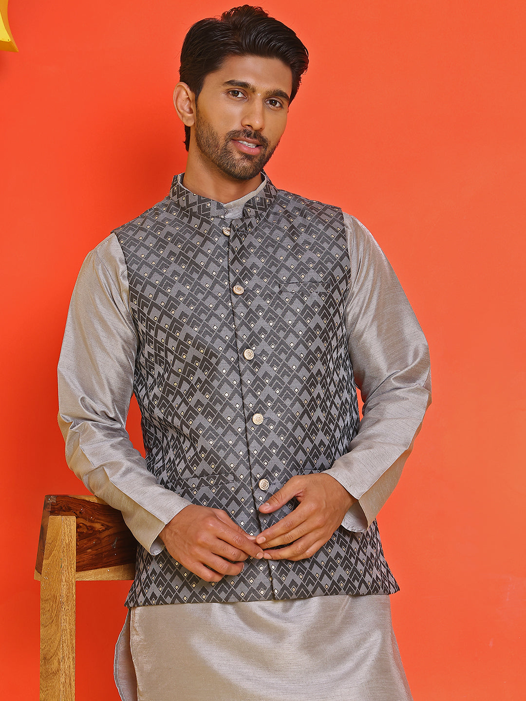 Men's Printed Nehru Jacket ( ANMWC 7020Grey ) [RT] [ E7 ]