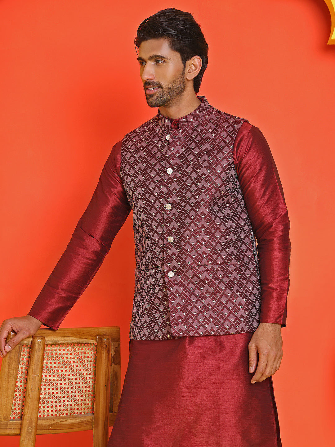 Men's Printed Nehru Jacket ( ANMWC 7020Maroon ) [RT] [ E7 ]