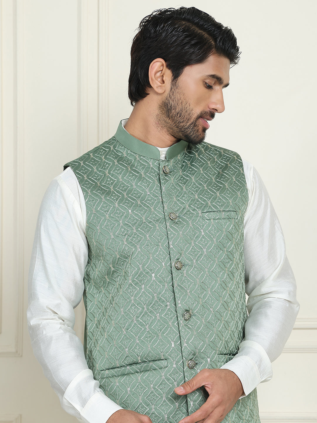 Men's Embroidered Silk Blend Nehru Jackets ( ANMWC 7021Green ) [RT] [ E3 ]