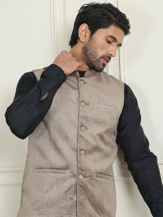 Men's Woven Velvet Nehru Jacket ( ANMWC 7022Beige ) [RT] [ E4 ]