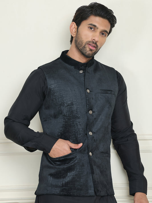 Men's Woven Velvet Nehru Jacket ( ANMWC 7022Black ) [RT] [ E4 ]