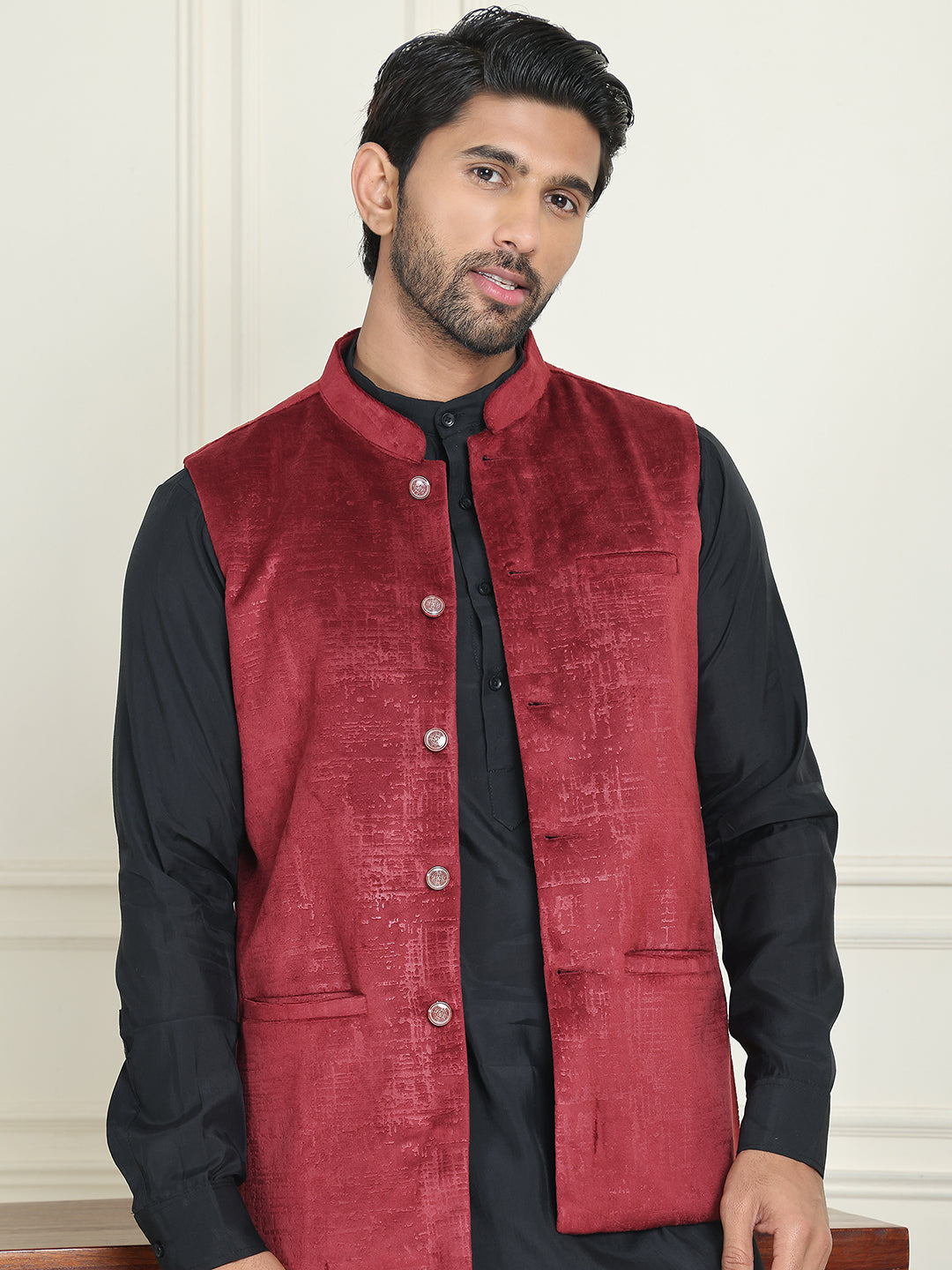 Men's Woven Velvet Nehru Jacket ( ANMWC 7022Maroon ) [RT] [ E4 ]