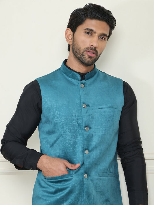 Men's Woven Velvet Nehru Jacket ( ANMWC 7022Peacock ) [RT] [ E4 ]