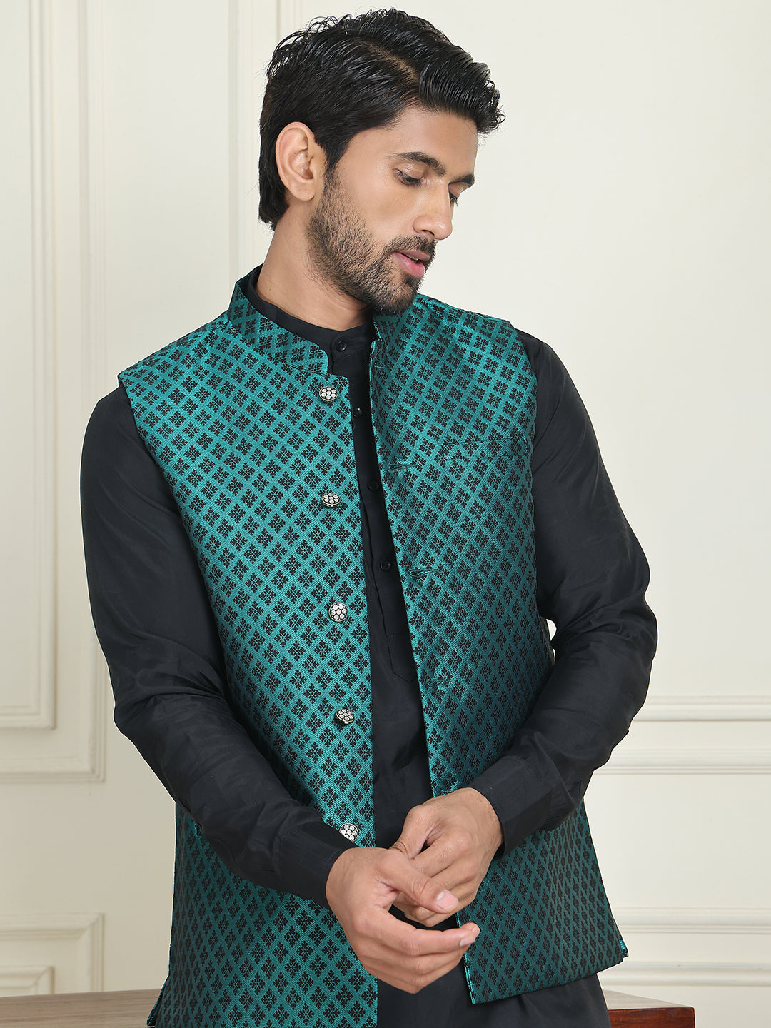 Men's Woven Silk Blend Nehru Jacket ( ANMWC 7023Green ) [RT] [ E8 ]