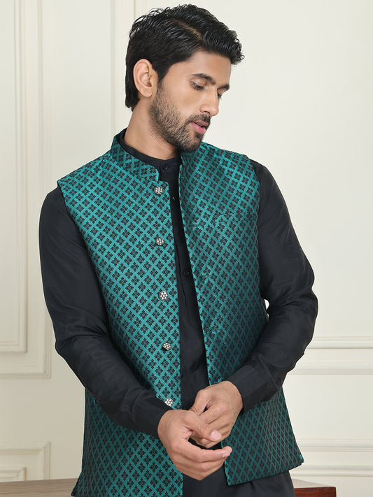 Men's Woven Silk Blend Nehru Jacket ( ANMWC 7023Green ) [RT] [ E8 ]