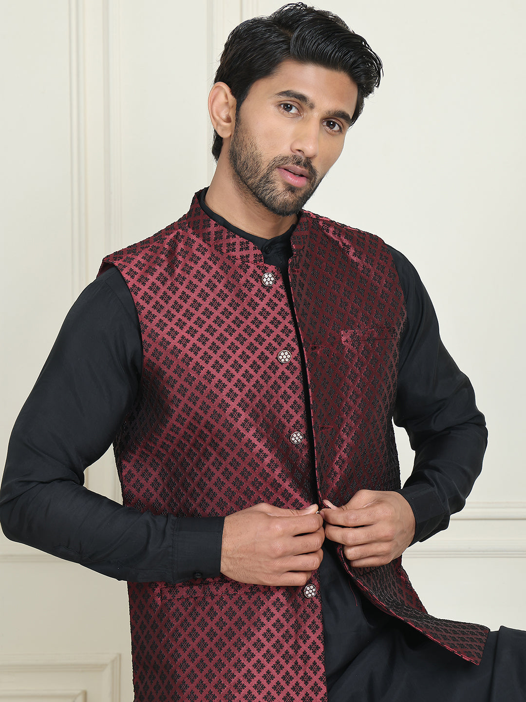 Men's Woven Silk Blend Nehru Jacket ( ANMWC 7023Maroon ) [RT] [ E8 ]
