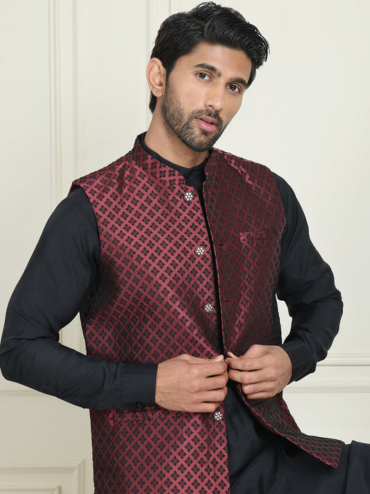 Men's Woven Silk Blend Nehru Jacket ( ANMWC 7023Maroon ) [RT] [ E8 ]