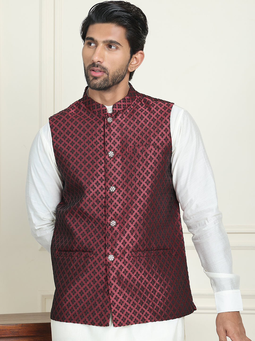 Men's Woven Silk Blend Nehru Jacket ( ANMWC 7023Maroon ) [RT] [ E8 ]