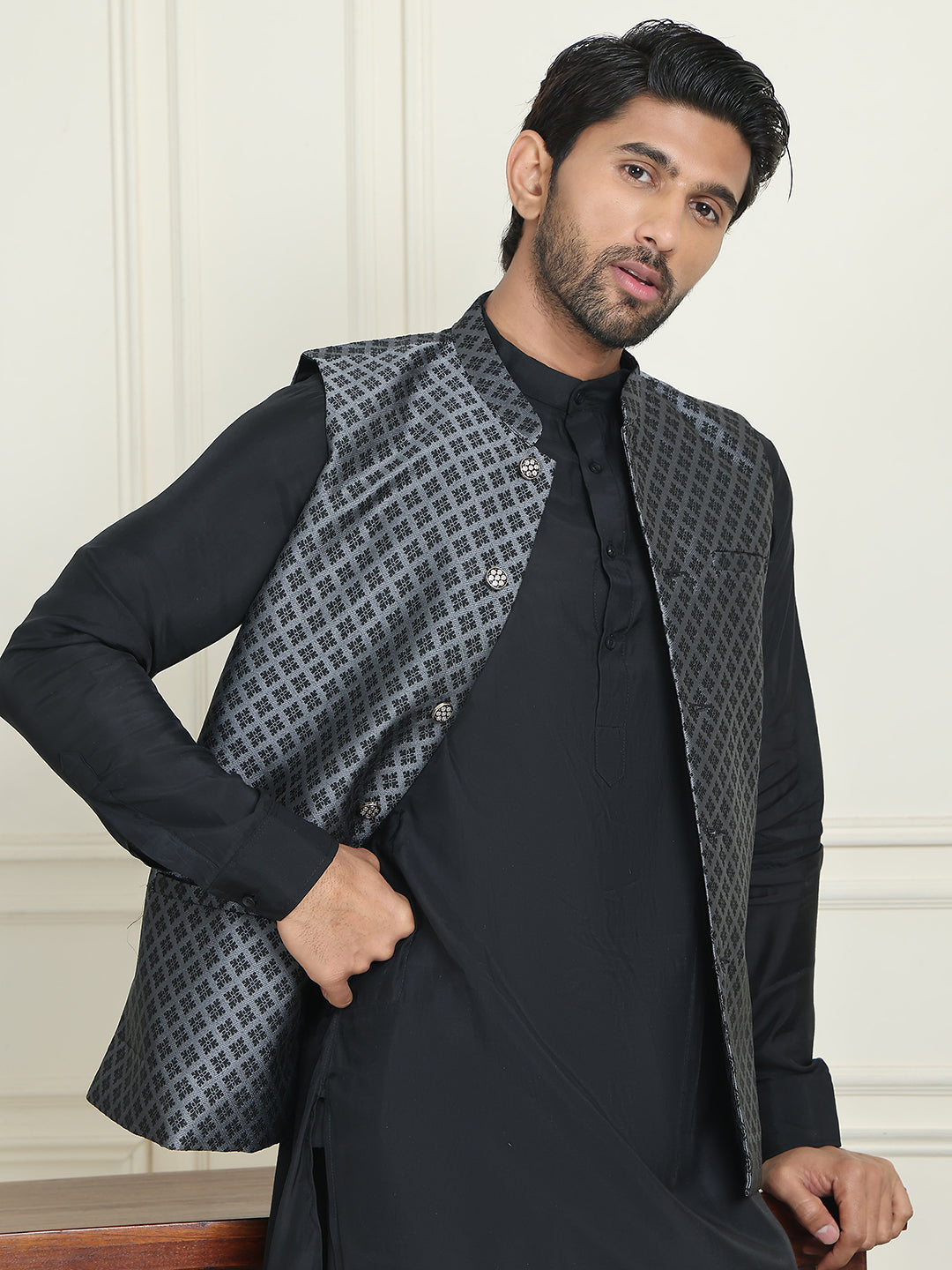 Men's Woven Silk Blend Nehru Jacket ( ANMWC 7023Silver ) [RT] [ E8 ]