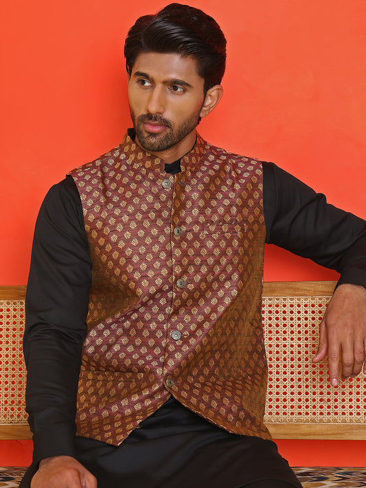 Woven design Nehru Jacket for Men ( ANMWC 7024Maroon ) [RT] [ E8 ]