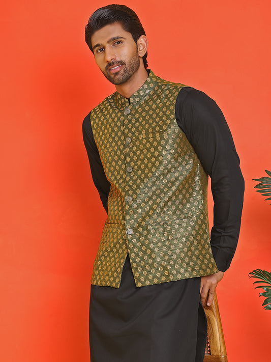 Woven design Nehru Jacket for Men ( ANMWC 7024Olive ) [RT] [ E8 ]