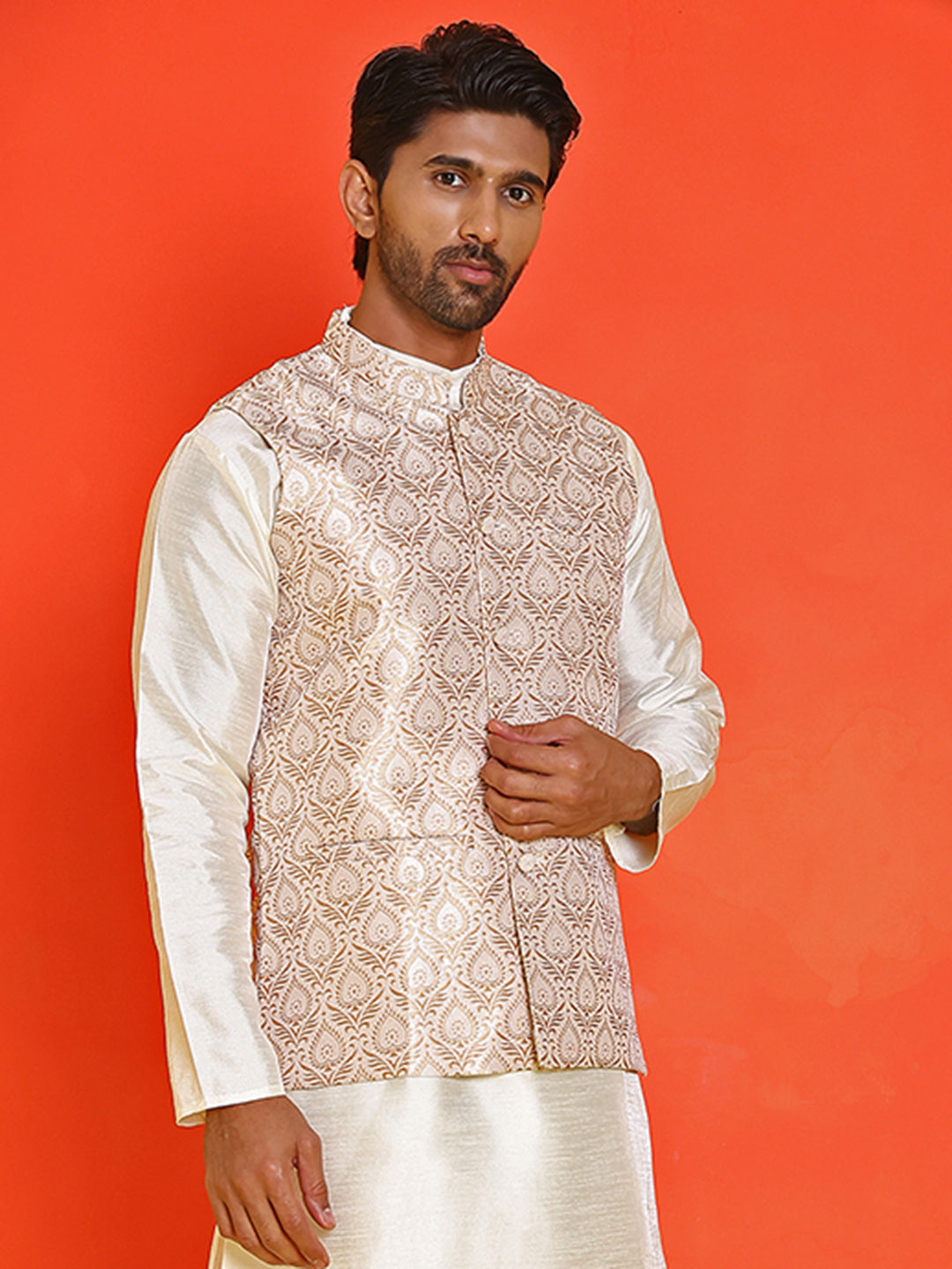 Men's Woven Design Nehru Jacket. ( ANMWC 7025Cream ) [RT] [ E2 ]
