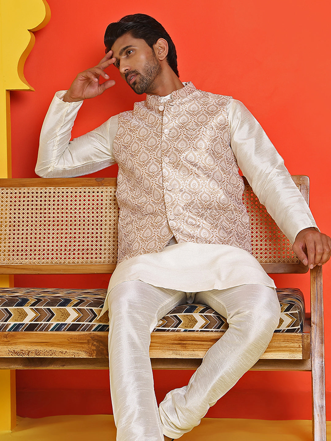 Men's Woven Design Nehru Jacket. ( ANMWC 7025Cream ) [RT] [ E2 ]