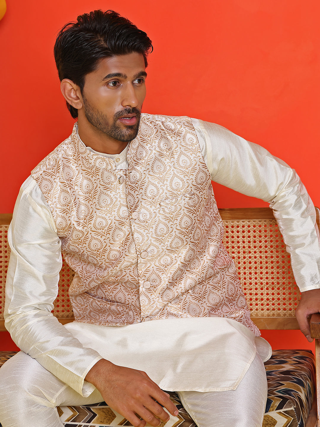 Men's Woven Design Nehru Jacket. ( ANMWC 7025Cream ) [RT] [ E2 ]