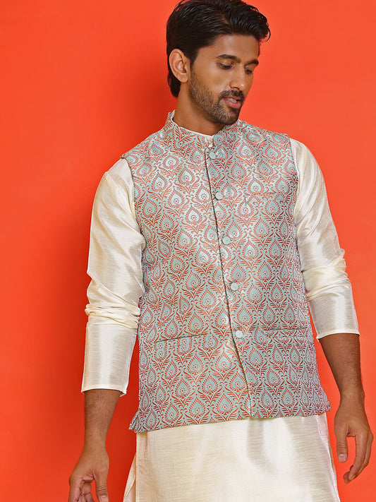 Men's Woven Design Nehru Jacket. ( ANMWC 7025Green ) [RT] [ E2 ]