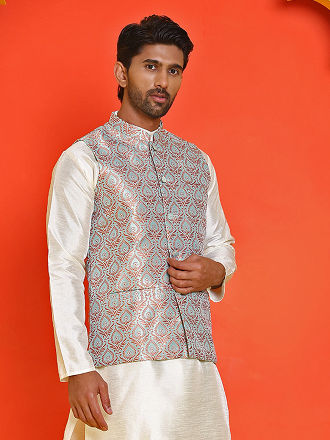 Men's Woven Design Nehru Jacket. ( ANMWC 7025Green ) [RT] [ E2 ]