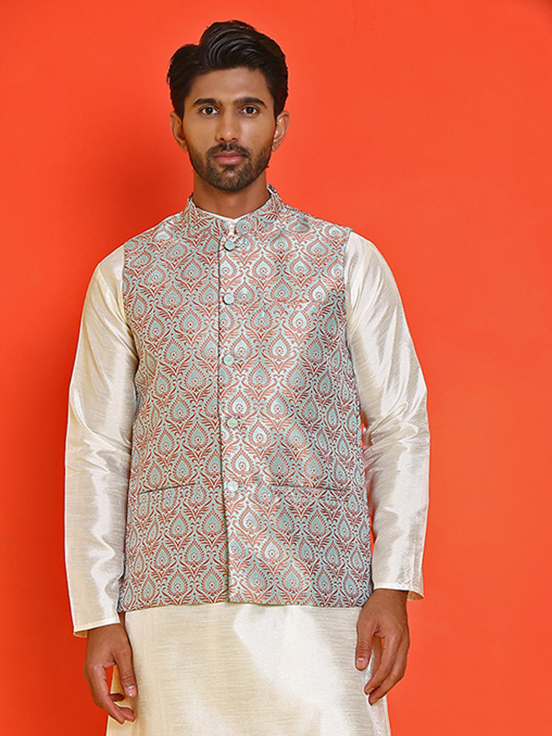 Men's Woven Design Nehru Jacket. ( ANMWC 7025Green ) [RT] [ E2 ]