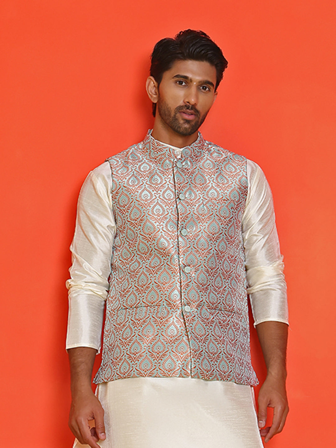 Men's Woven Design Nehru Jacket. ( ANMWC 7025Green ) [RT] [ E2 ]