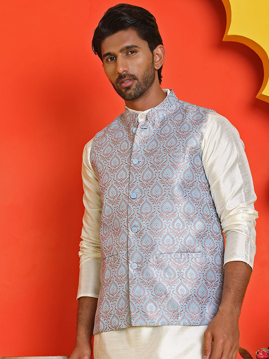 Men's Woven Design Nehru Jacket. ( ANMWC 7025Sky ) [RT] [ E2 ]