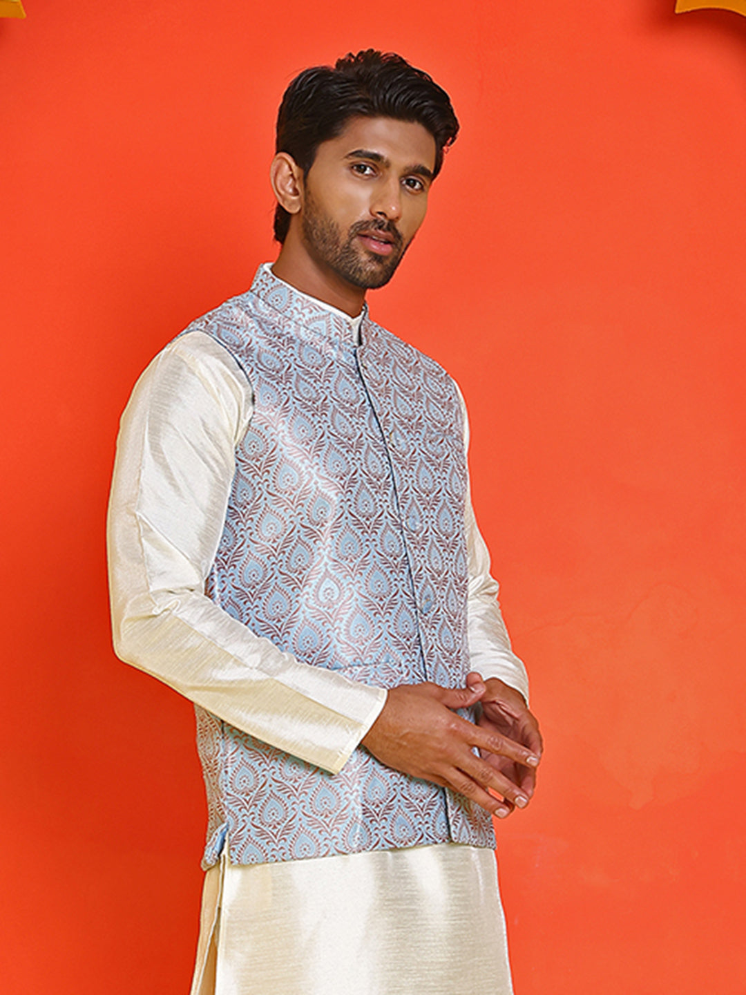 Men's Woven Design Nehru Jacket. ( ANMWC 7025Sky ) [RT] [ E2 ]