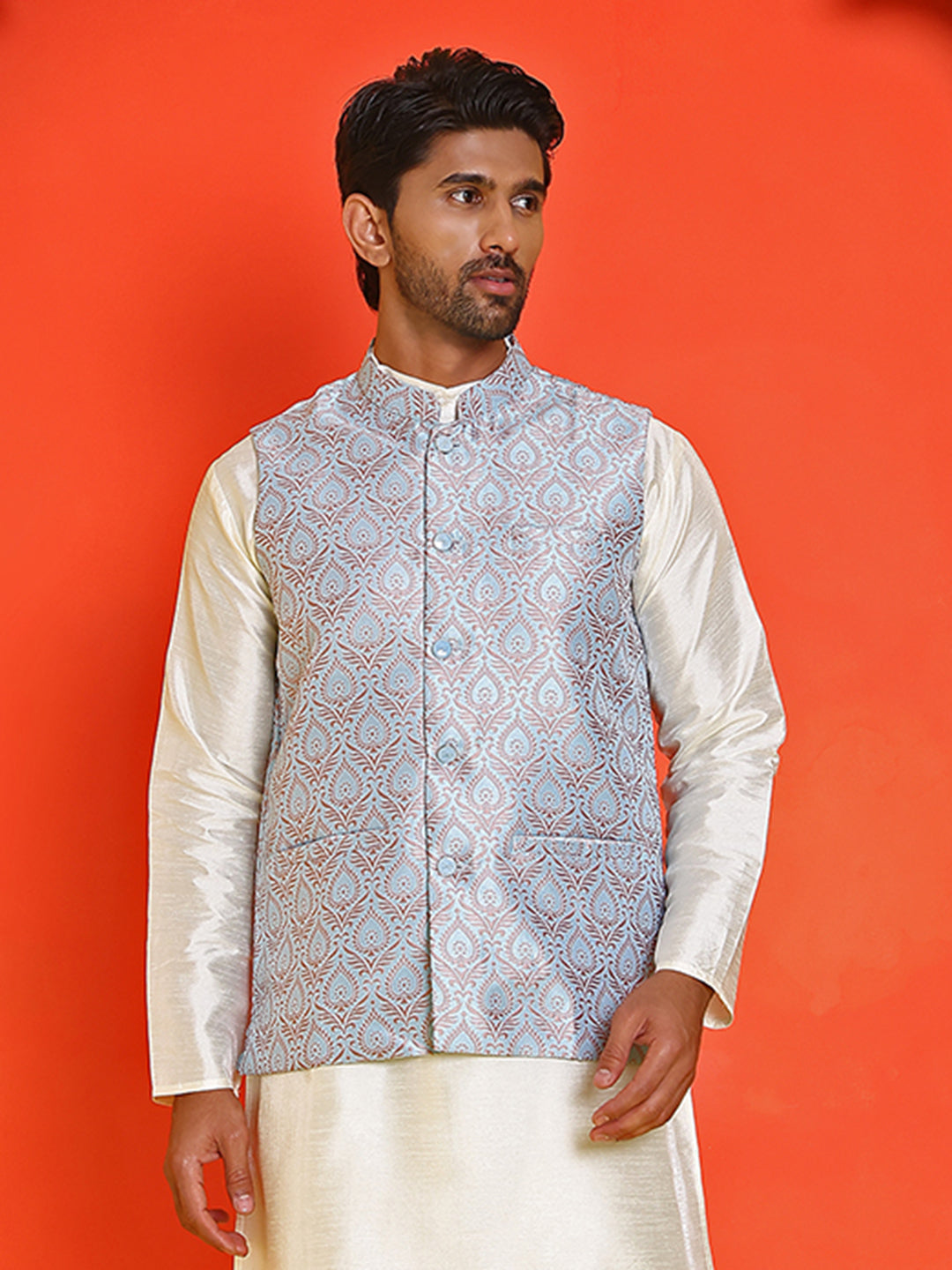 Men's Woven Design Nehru Jacket. ( ANMWC 7025Sky ) [RT] [ E2 ]