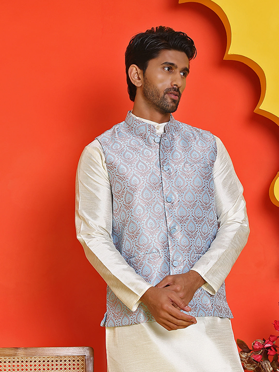 Men's Woven Design Nehru Jacket. ( ANMWC 7025Sky ) [RT] [ E2 ]