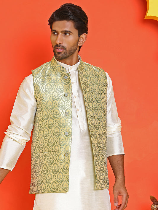 Men's Woven Design Nehru Jacket. ( ANMWC 7025Yellow ) [RT] [ E2 ]