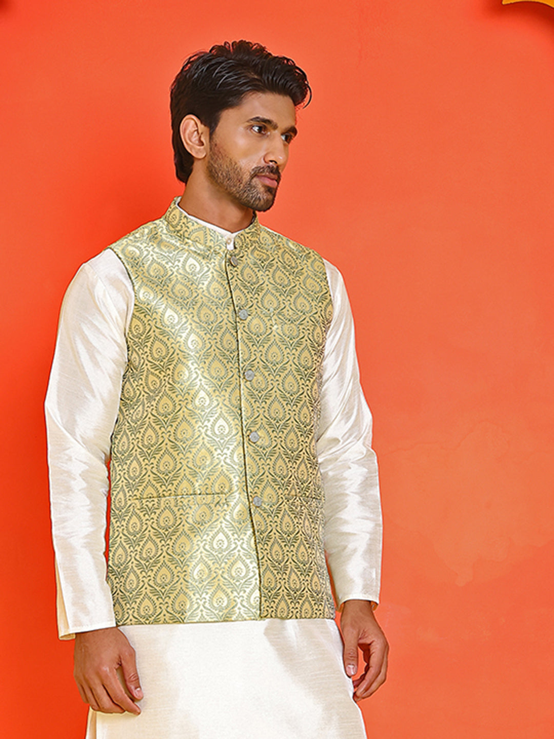 Men's Woven Design Nehru Jacket. ( ANMWC 7025Yellow ) [RT] [ E2 ]