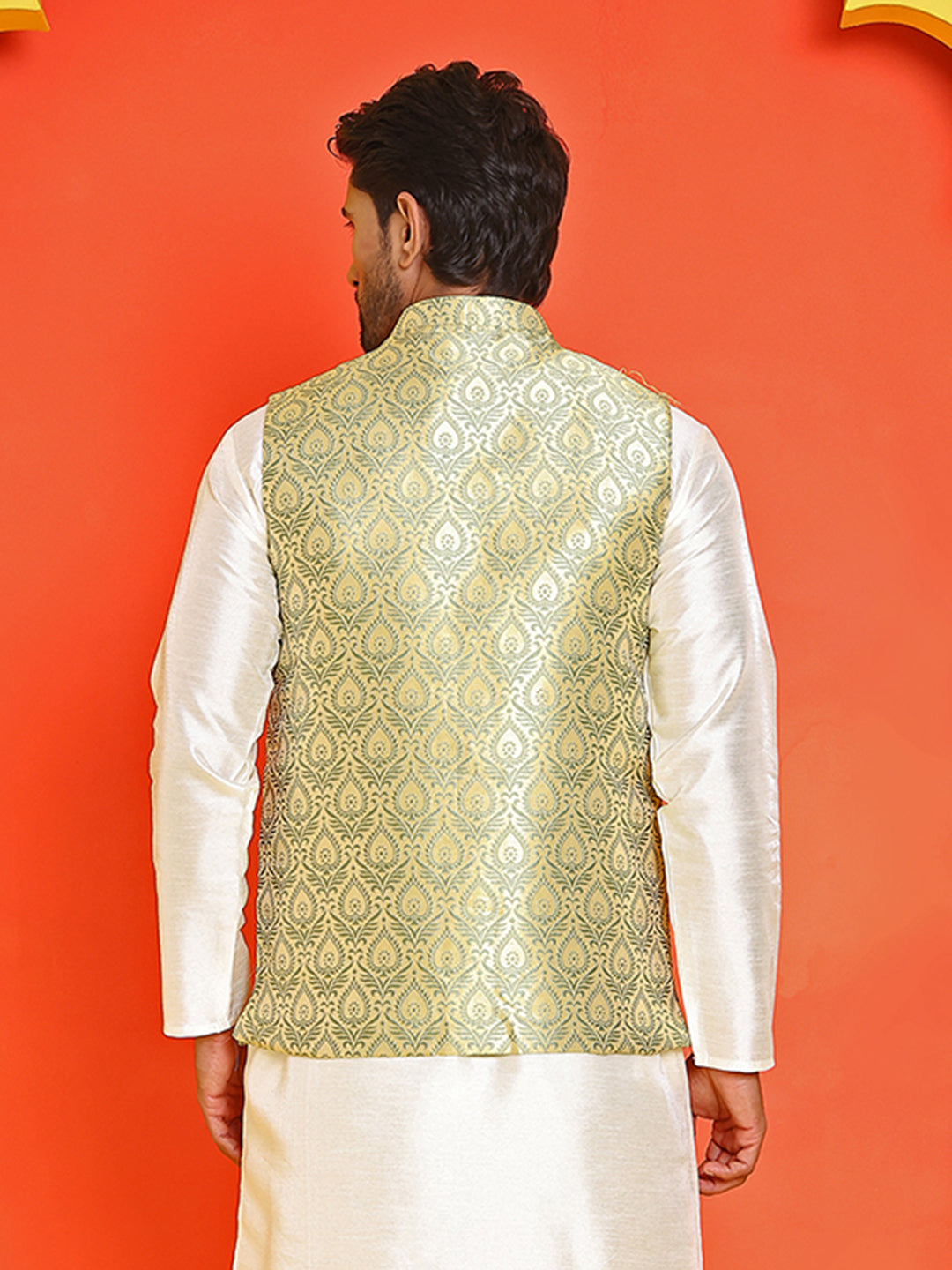 Men's Woven Design Nehru Jacket. ( ANMWC 7025Yellow ) [RT] [ E2 ]