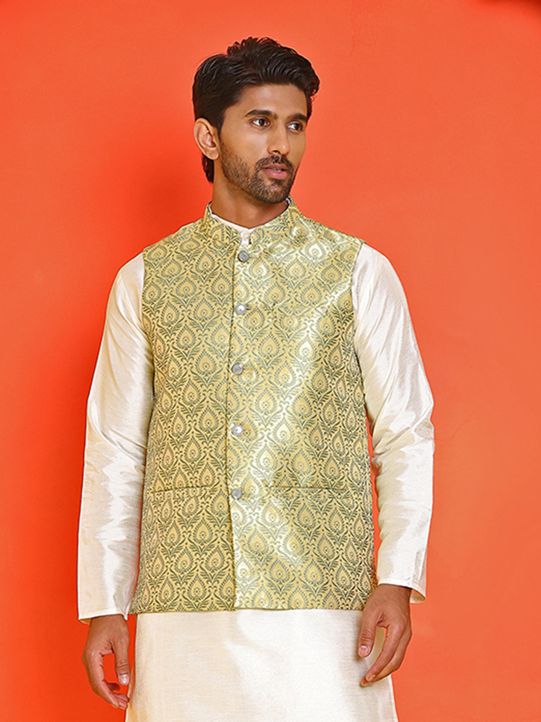 Men's Woven Design Nehru Jacket. ( ANMWC 7025Yellow ) [RT] [ E2 ]