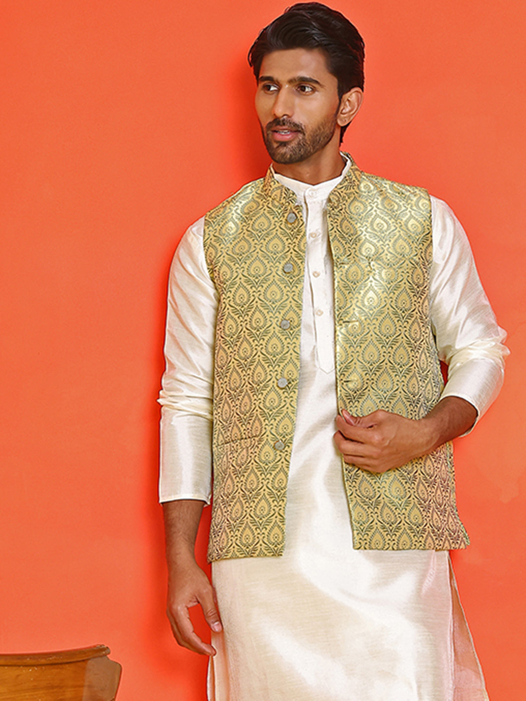Men's Woven Design Nehru Jacket. ( ANMWC 7025Yellow ) [RT] [ E2 ]